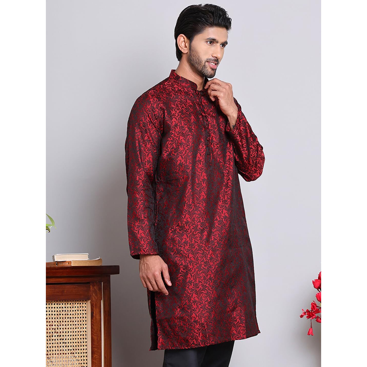 Jompers Men's Jacquard Silk Kurta(Maroon, Xx-Large)