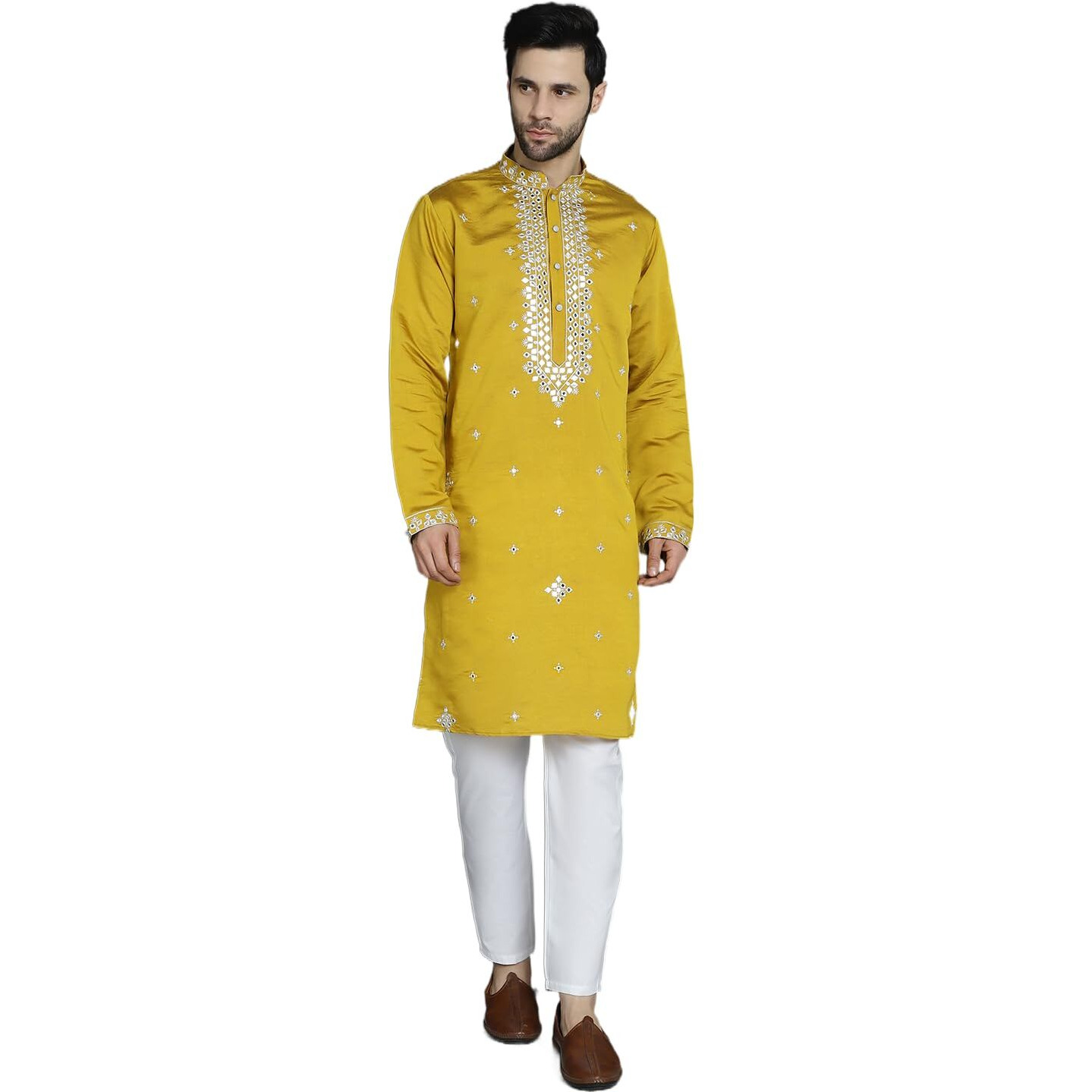 Jompers Men's Mustard Embroidered Kurta With Pyjama. (Mustard, Xl)