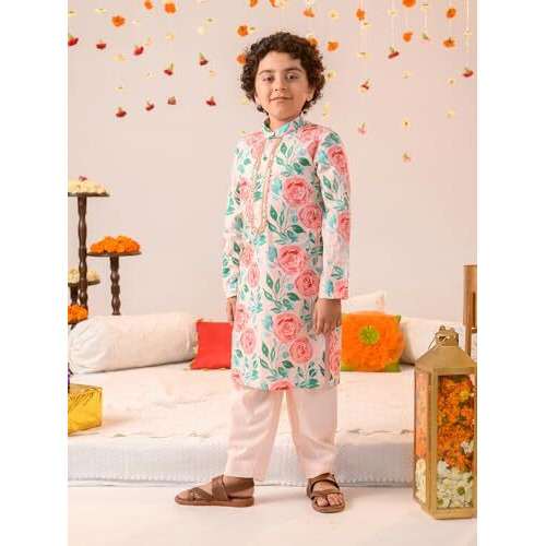 Pspeaches Boys Floral Printed Pure Cotton Kurta With Pyjamas
