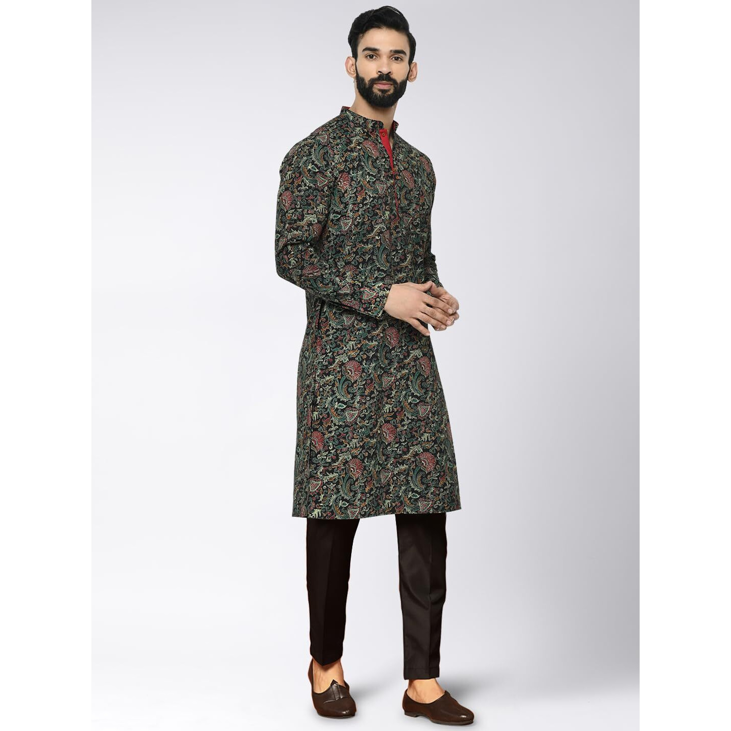Kisah Men's Cotton Blend Long Sleeves Regular Fit Printed Black Kurta Trousers Set (L)
