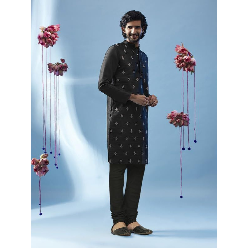 Kisah Men's Kurta Churidar Set, Black Art Silk, Embroideredmandarin Collar Long Sleeves Regular Fit|42