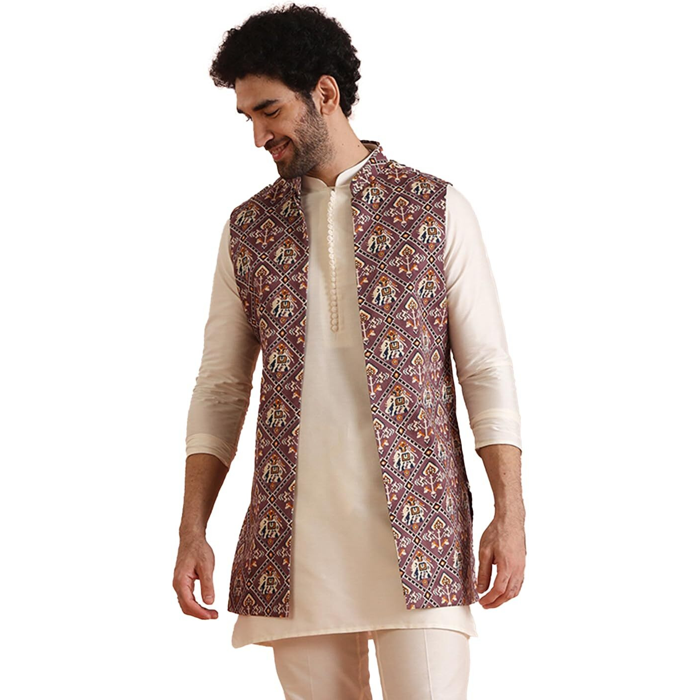 Kisah Mens Kurta Jacket Trouser Set|Cotton Blend Fabric Printed Pattern Mens Ethnic Wear|Regular Fit Mandarin Collar Long Sleeves, Purple, 40