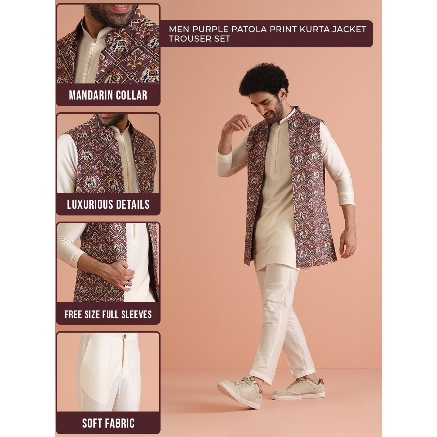 Kisah Mens Kurta Jacket Trouser Set|Cotton Blend Fabric Printed Pattern Mens Ethnic Wear|Regular Fit Mandarin Collar Long Sleeves, Purple, 40