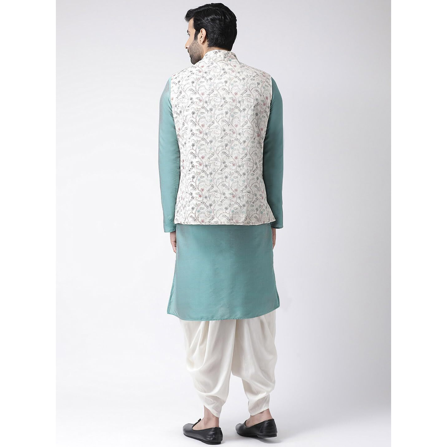 Men Multi Coloured Printed Cotton Blend Kurta Jacket Dhoti Set With Kantha Print