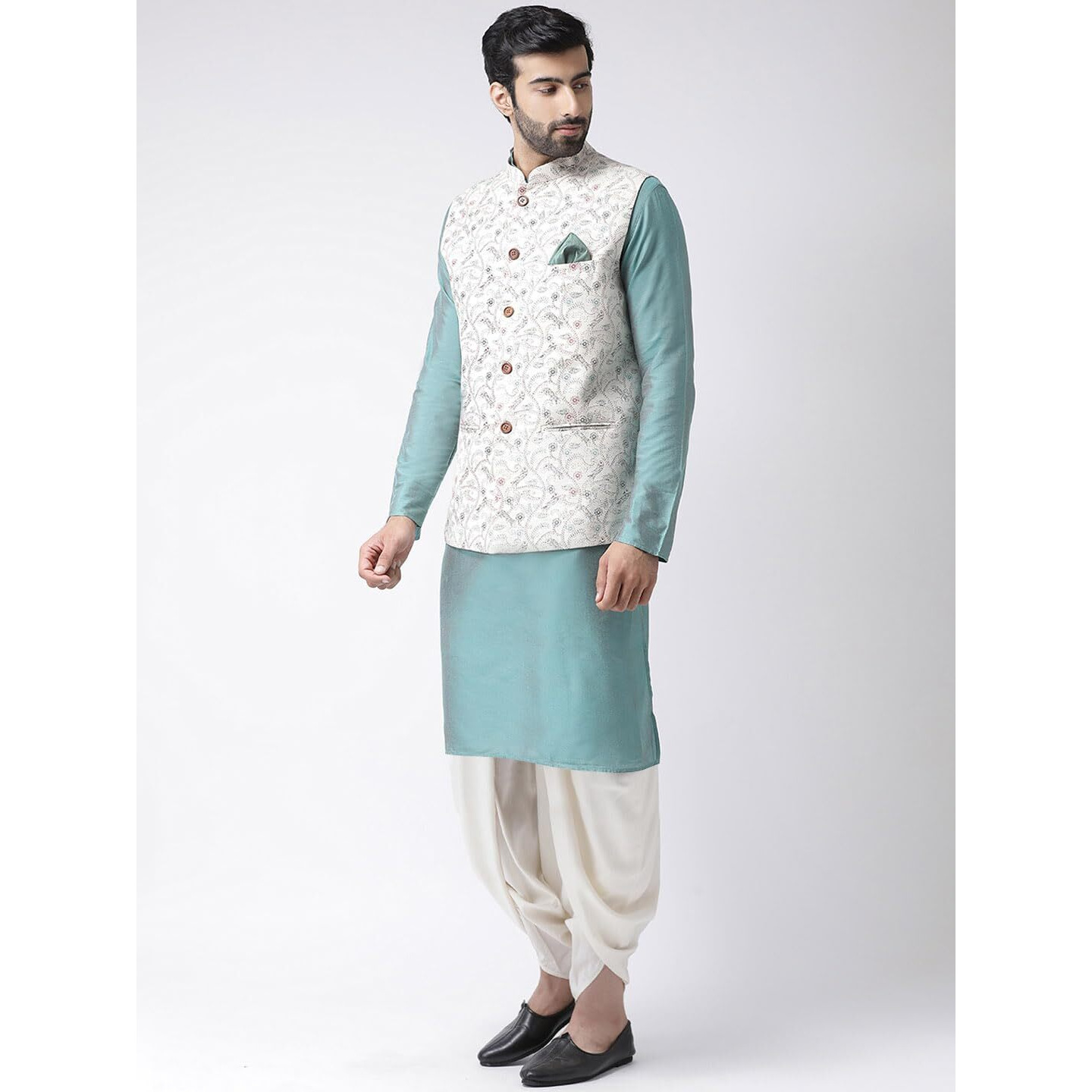 Men Multi Coloured Printed Cotton Blend Kurta Jacket Dhoti Set With Kantha Print