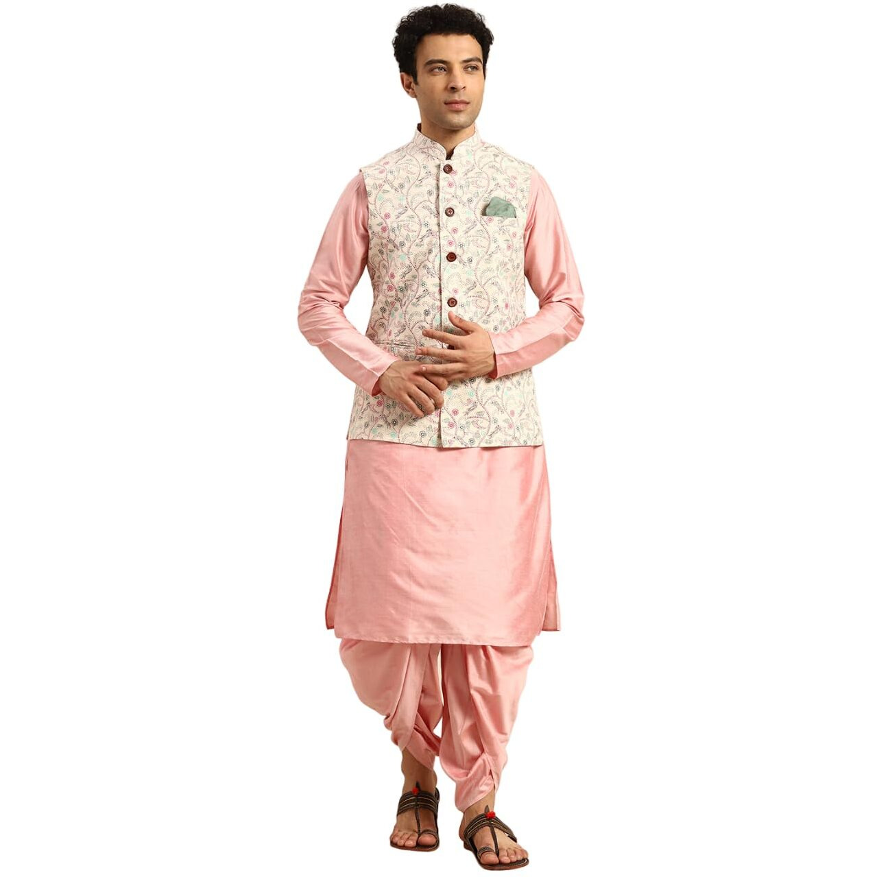 Kisah Men's Kurta Jacket Dhoti Set, Multicolored Cotton Blend, Printed Regular Fit Mandarin Collar Long Sleeves (Xl)