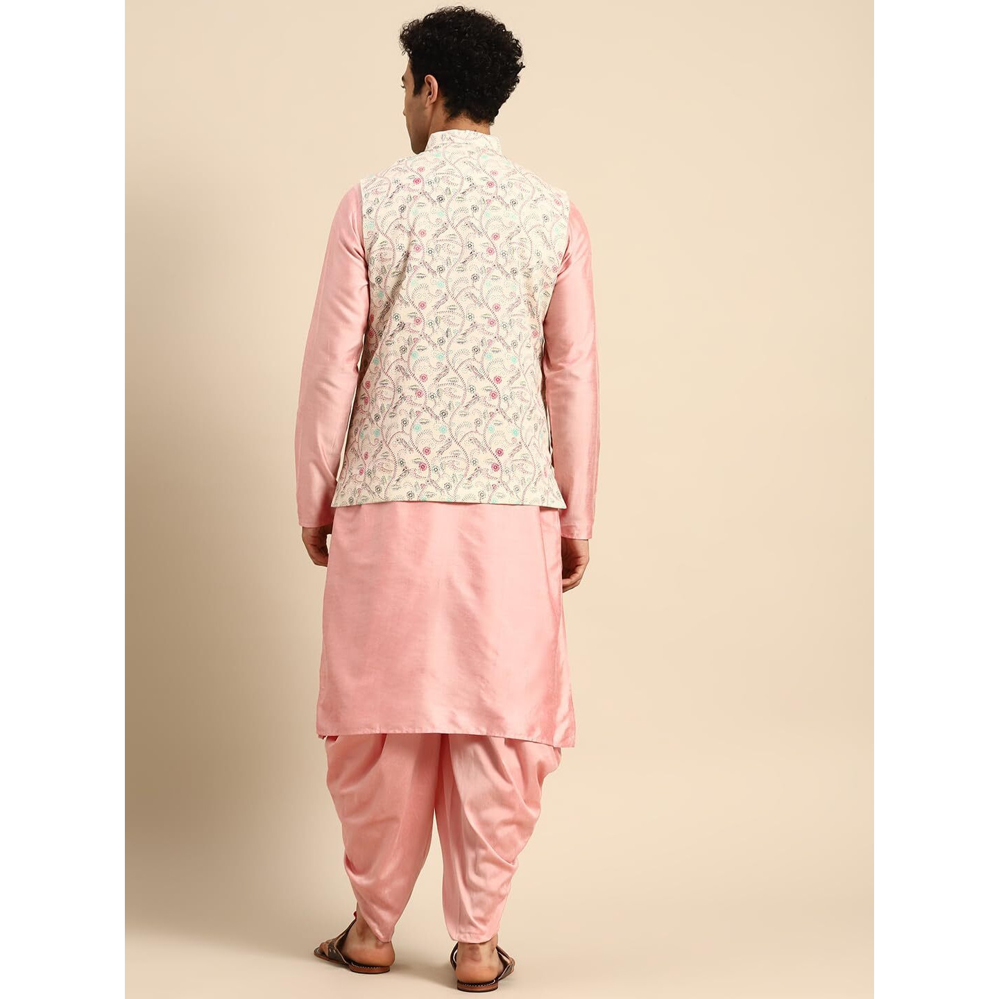 Kisah Men's Kurta Jacket Dhoti Set, Multicolored Cotton Blend, Printed Regular Fit Mandarin Collar Long Sleeves (Xl)