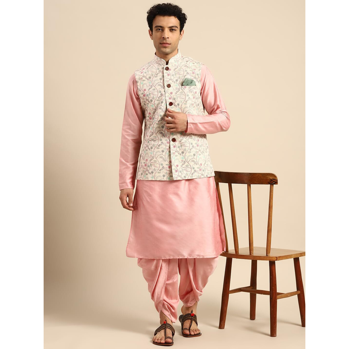 Kisah Men's Kurta Jacket Dhoti Set, Multicolored Cotton Blend, Printed Regular Fit Mandarin Collar Long Sleeves (Xl)