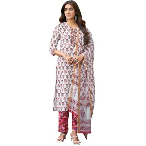 Sanisa Women's Rayon Blend Floral Printed Straight Kurta With Pant And Dupatta Set| Ethnic Set | Suit Set | Kurta Set(129Kbd1394N-M_White & Maroon & Multi)