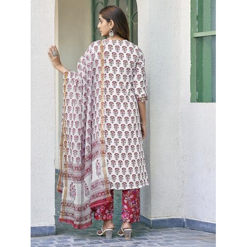 Sanisa Women's Rayon Blend Floral Printed Straight Kurta With Pant And Dupatta Set| Ethnic Set | Suit Set | Kurta Set(129Kbd1394N-M_White & Maroon & Multi)