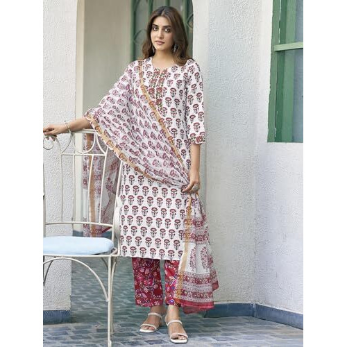 Sanisa Women's Rayon Blend Floral Printed Straight Kurta With Pant And Dupatta Set| Ethnic Set | Suit Set | Kurta Set(129Kbd1394N-M_White & Maroon & Multi)