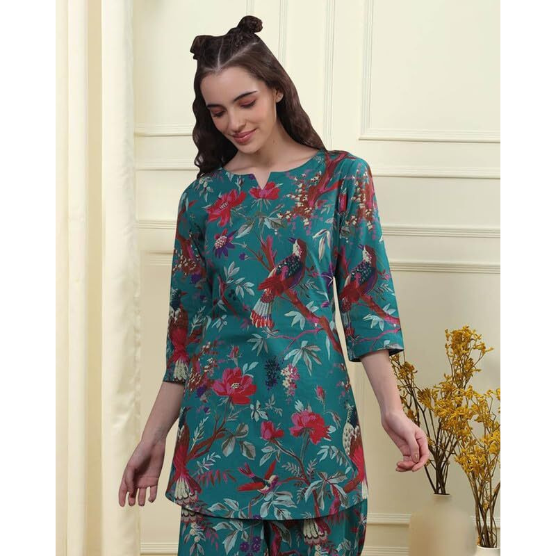 I Enterprise Women's Cotton Tunic Knee-Length Dress (Y1_Inco-042_Teal