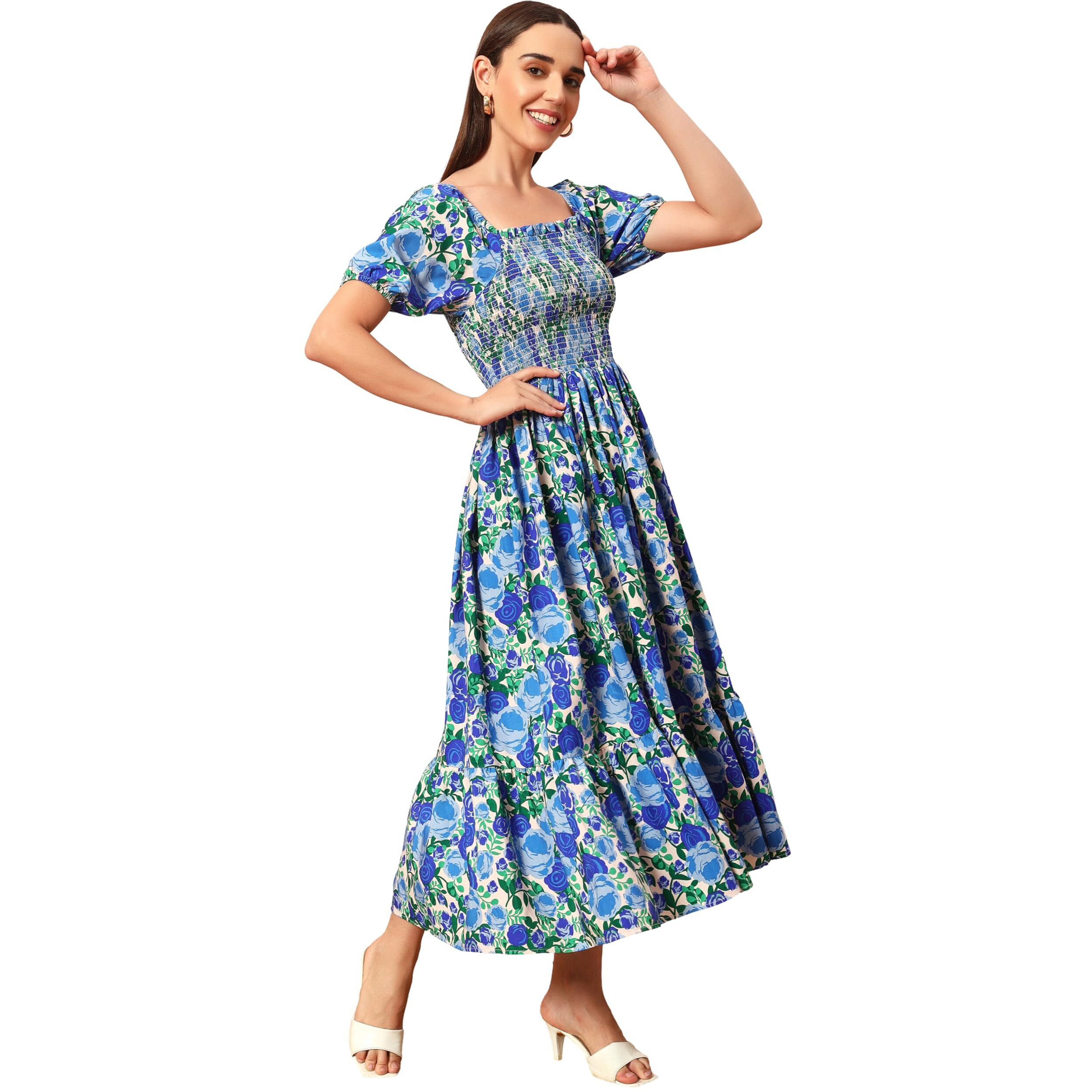 Kzully Women's Rayon Smocked Midi Dress (1003-Blue-L_Blue