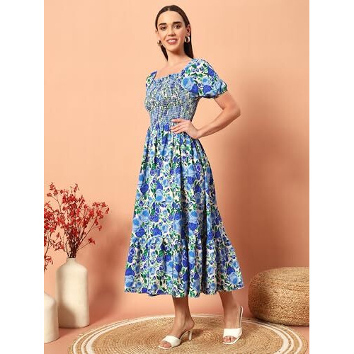 Kzully Women's Rayon Smocked Midi Dress (1003-Blue-L_Blue