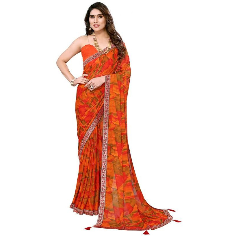 Satrani Women's Chiffon Geometric Printed Saree With Unstitched Blouse Piece (3219S2341N_Orange & Multi2)