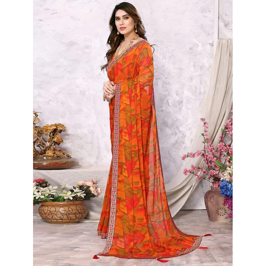 Satrani Women's Chiffon Geometric Printed Saree With Unstitched Blouse Piece (3219S2341N_Orange & Multi2)