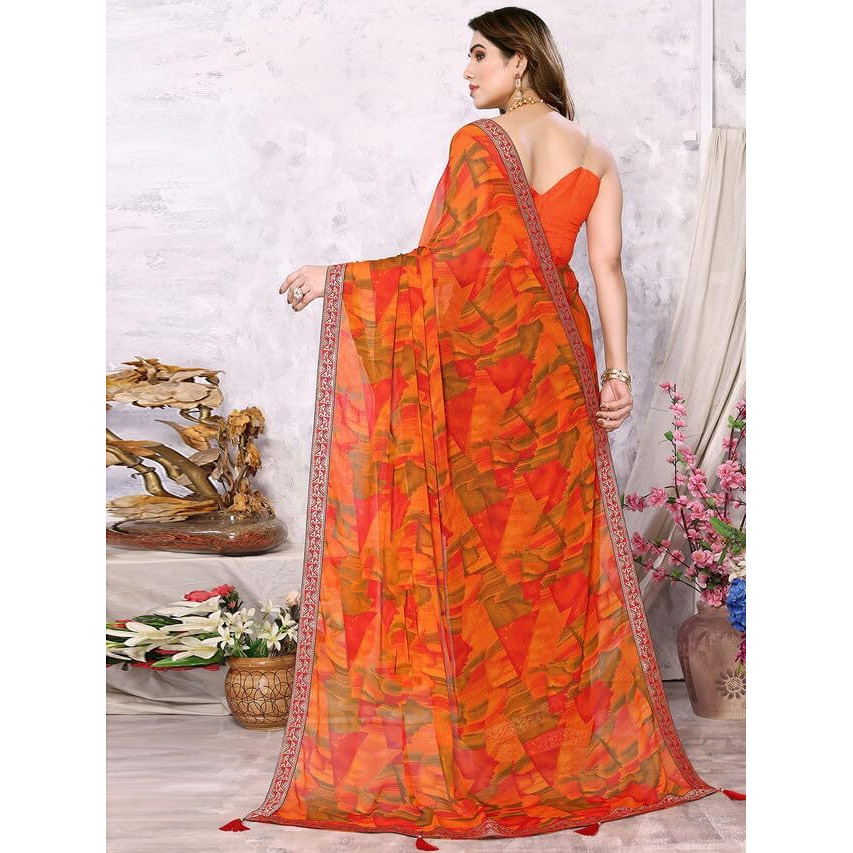 Satrani Women's Chiffon Geometric Printed Saree With Unstitched Blouse Piece (3219S2341N_Orange & Multi2)
