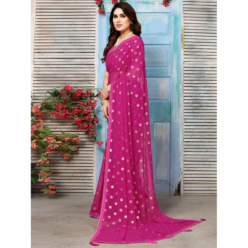 Satrani Women's Georgette Foil Printed & Lace Saree With Unstitched Blouse Piece (3184S2263Na_Rani Pink2)