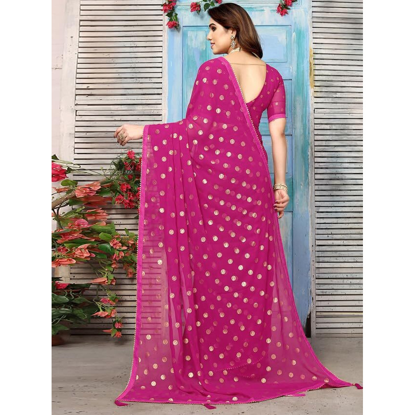 Satrani Women's Georgette Foil Printed & Lace Saree With Unstitched Blouse Piece (3184S2263Na_Rani Pink2)
