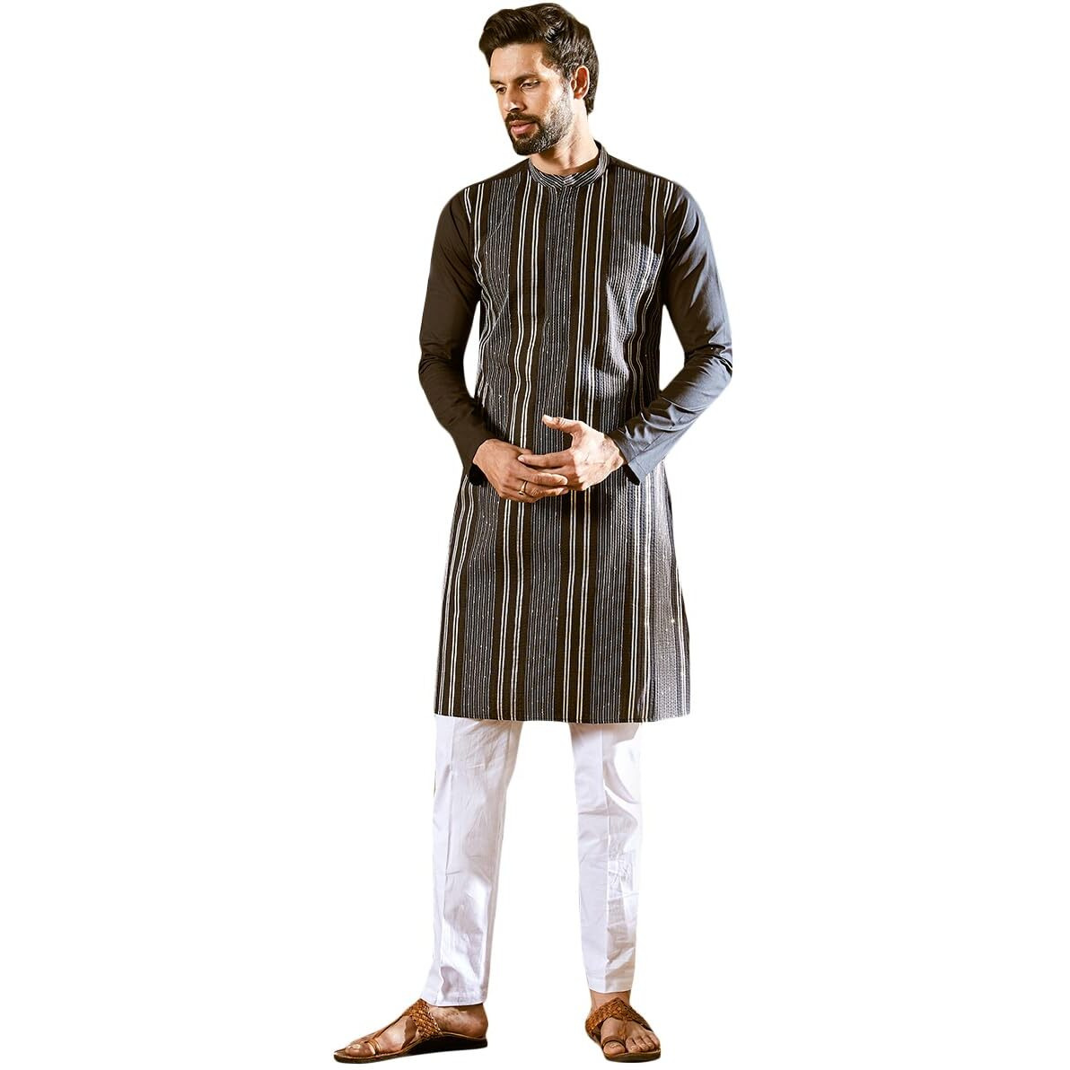 See Designs Men Full Sleeve Black Cotton Pintex Design Sequins Mandarin Collar Side Slit Kurta - Sd2Kt_2457Xs