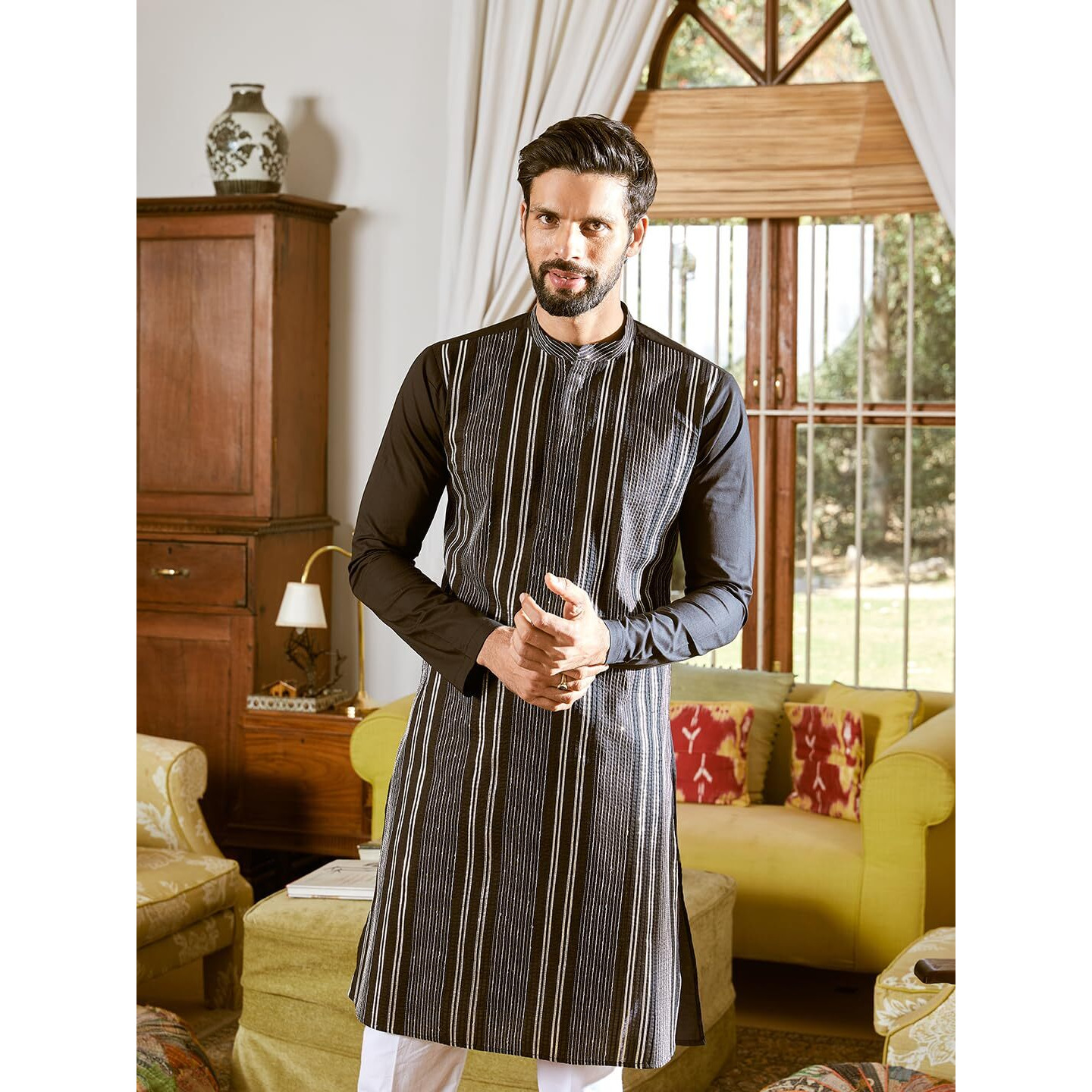 See Designs Men Full Sleeve Black Cotton Pintex Design Sequins Mandarin Collar Side Slit Kurta - Sd2Kt_2457Xs