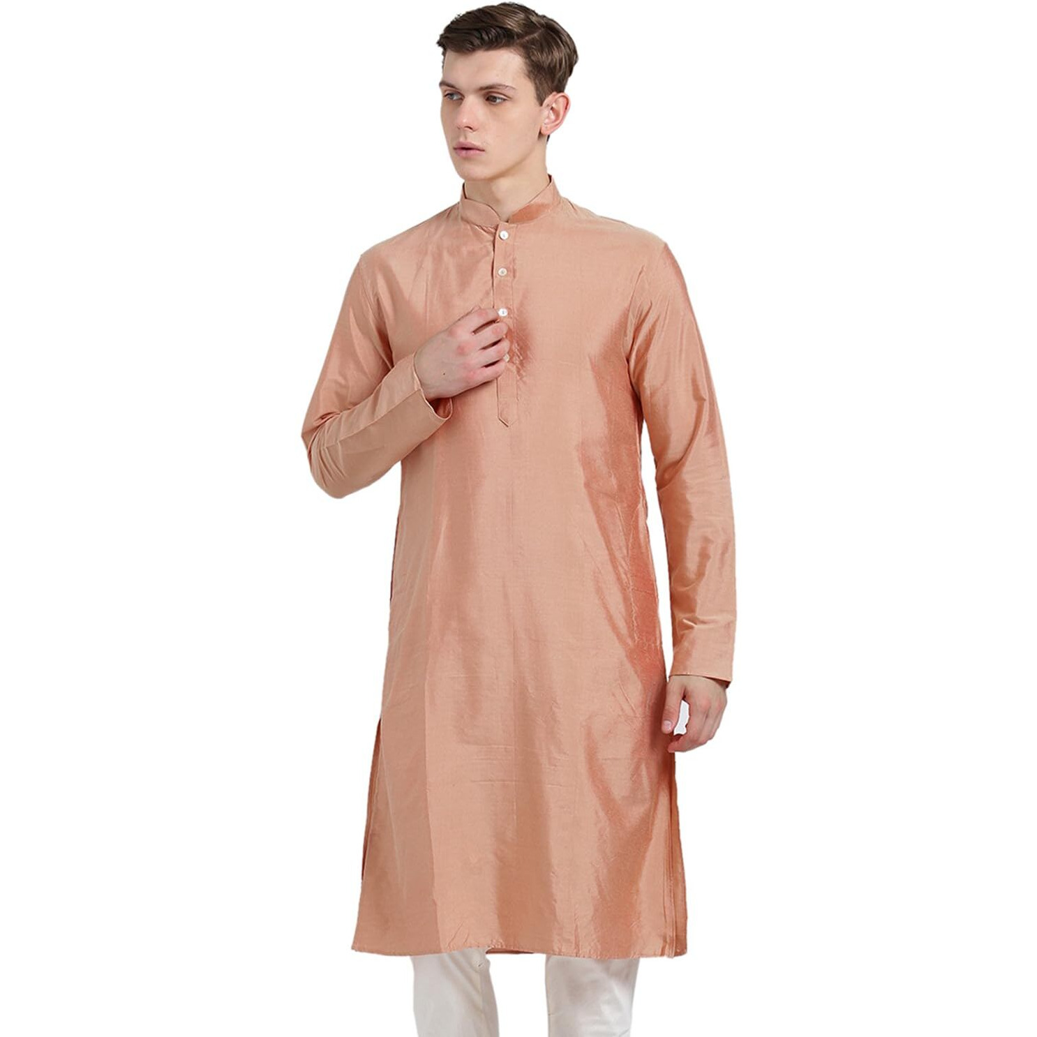 Kisah Men Peach-Coloured Solid Banarasi Straight Kurta Full Sleaves, Knee Length, Straight, Regular Fit, Mandarin Collar Ethnic Casual Wear