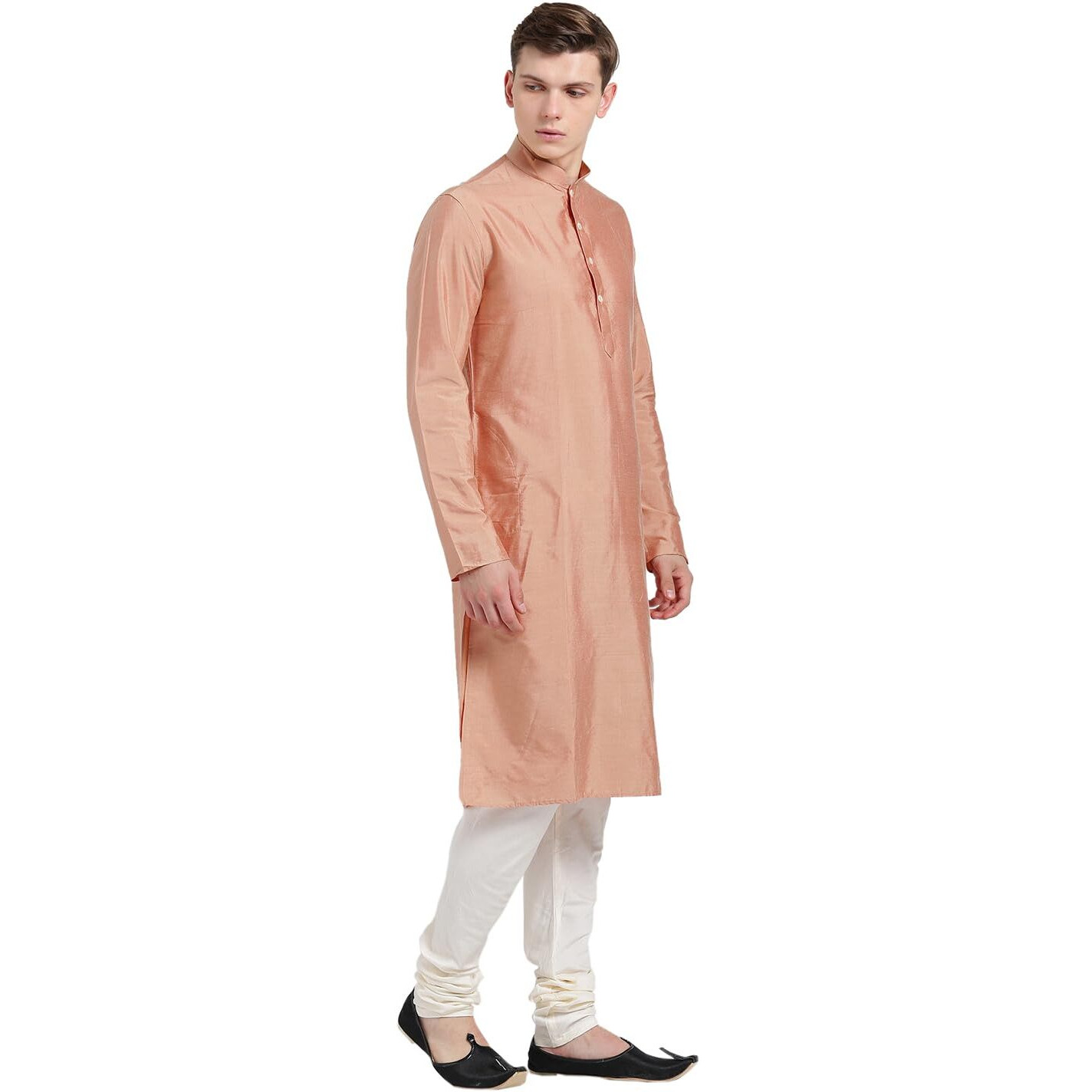 Kisah Men Peach-Coloured Solid Banarasi Straight Kurta Full Sleaves, Knee Length, Straight, Regular Fit, Mandarin Collar Ethnic Casual Wear