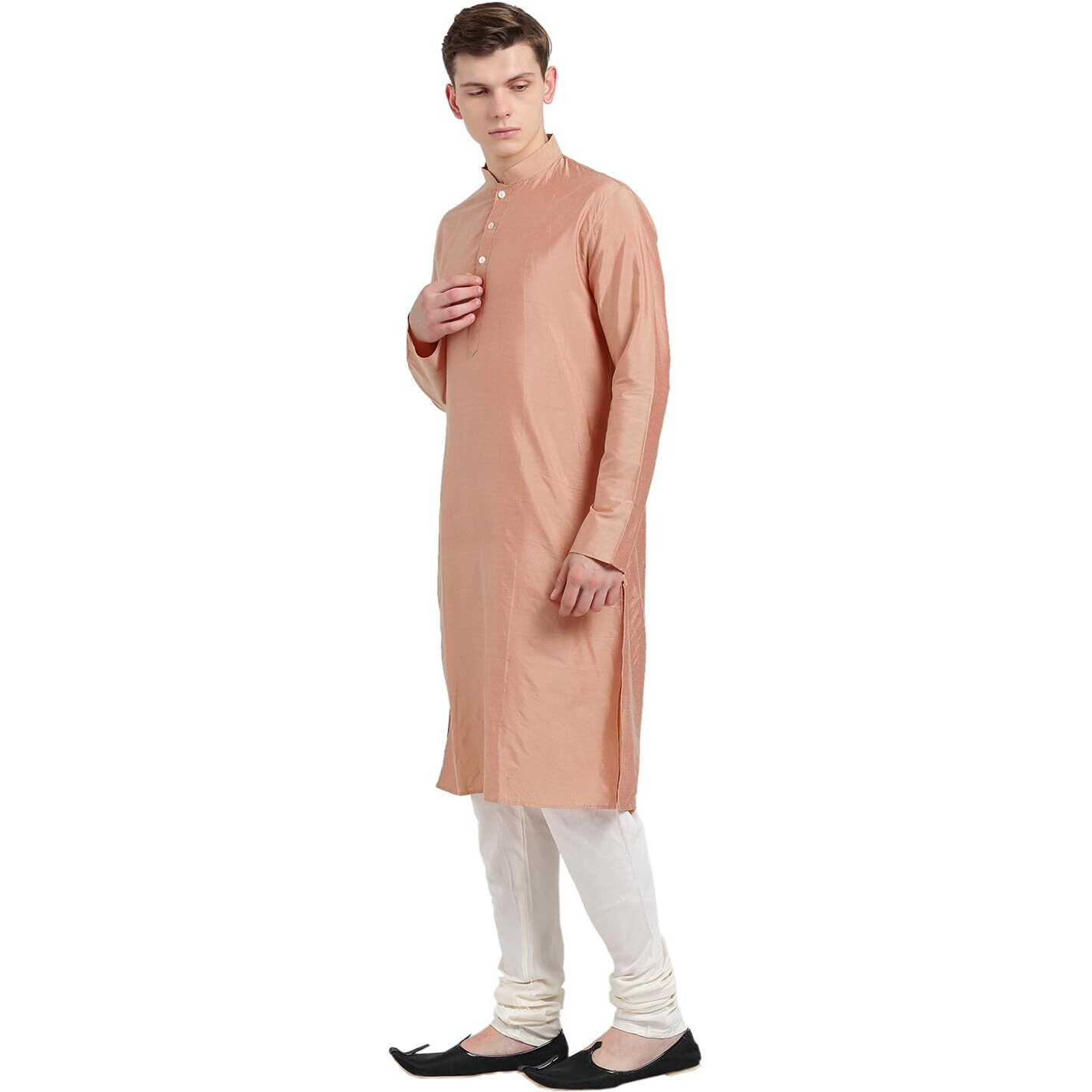 Kisah Men Peach-Coloured Solid Banarasi Straight Kurta Full Sleaves, Knee Length, Straight, Regular Fit, Mandarin Collar Ethnic Casual Wear