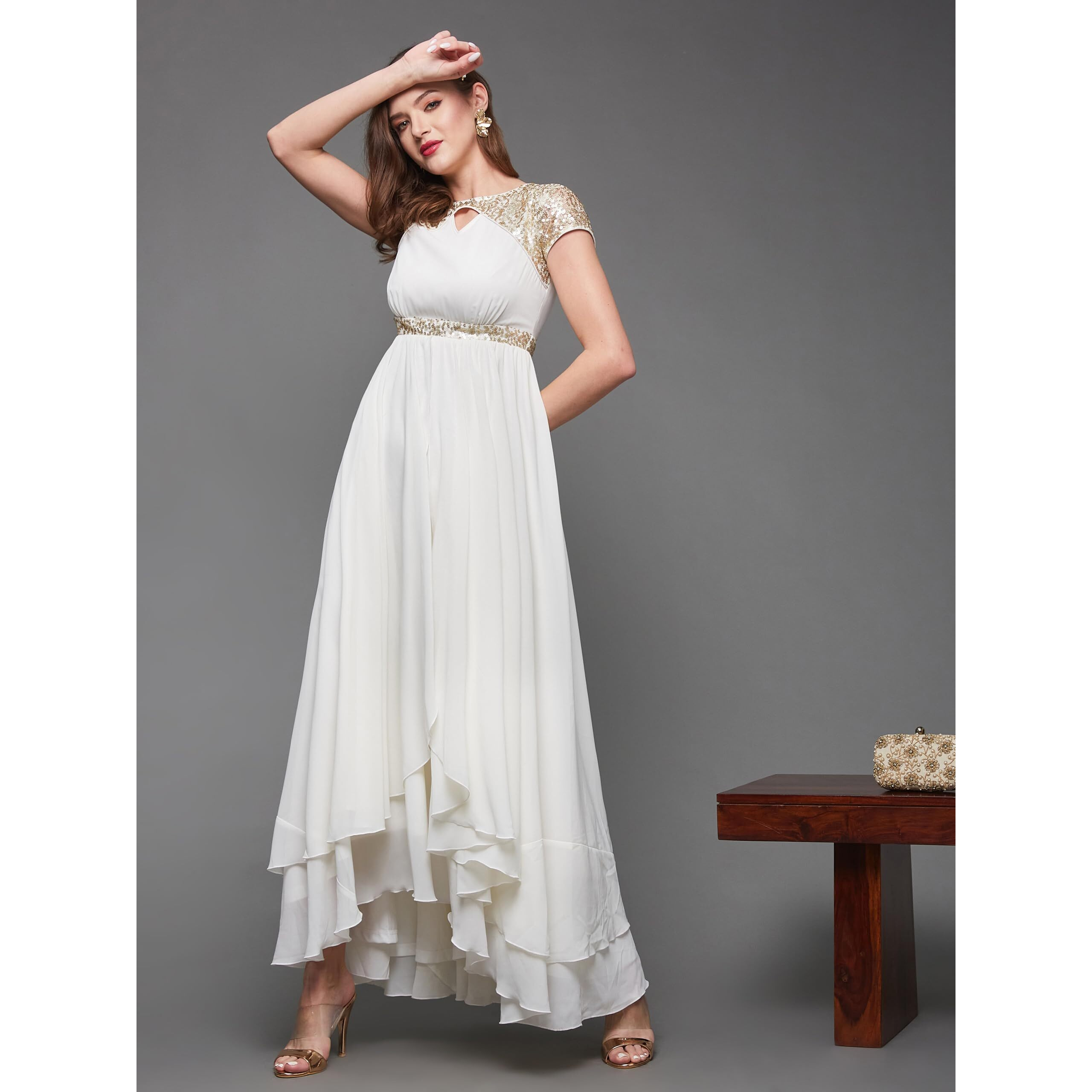 Miss Chase Women's Keyhole Neck Short Sleeve Embellished Layered Georgette Maxi Dress (Mcss23D06-67-114-03, Off White, S)