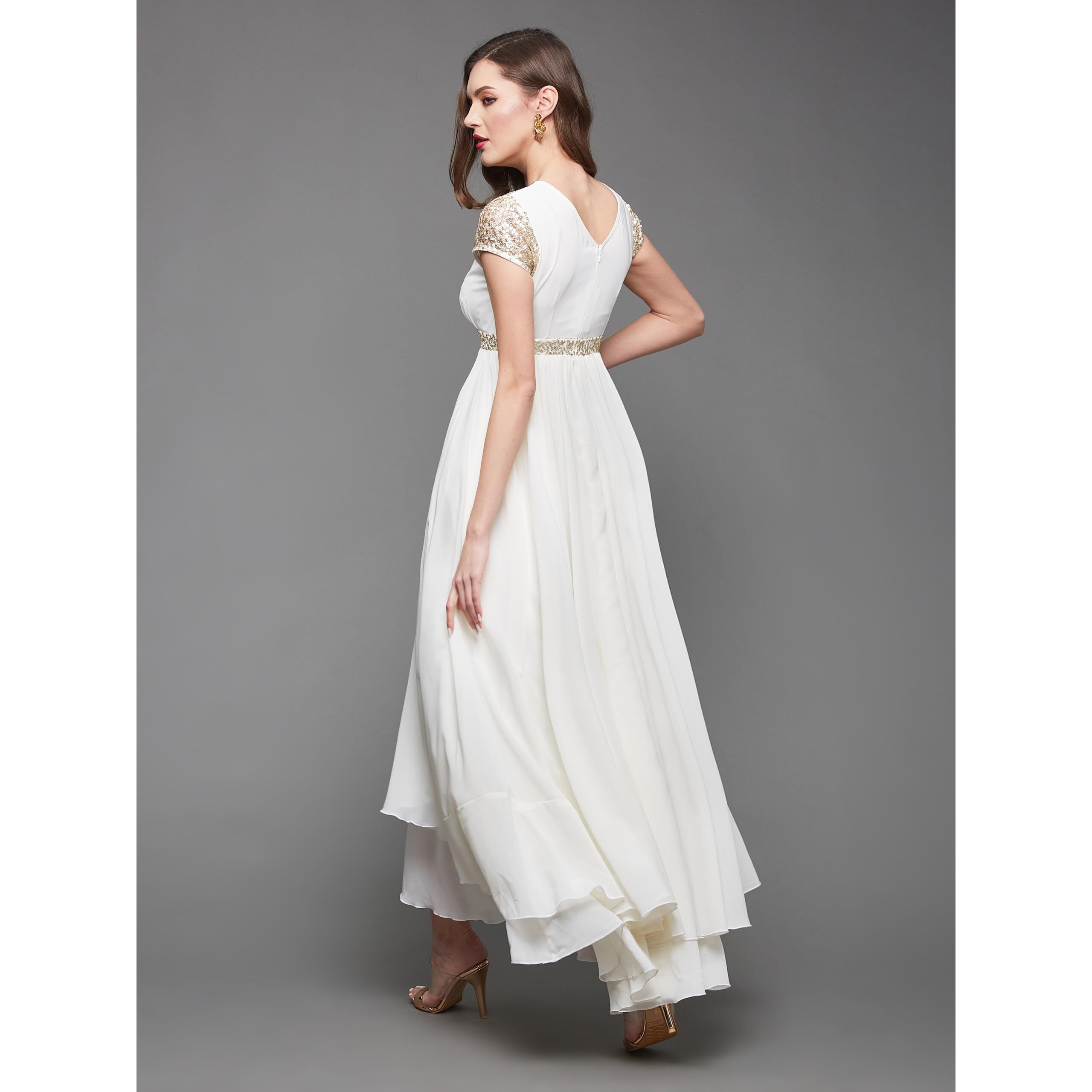 Miss Chase Women's Keyhole Neck Short Sleeve Embellished Layered Georgette Maxi Dress (Mcss23D06-67-114-03, Off White, S)