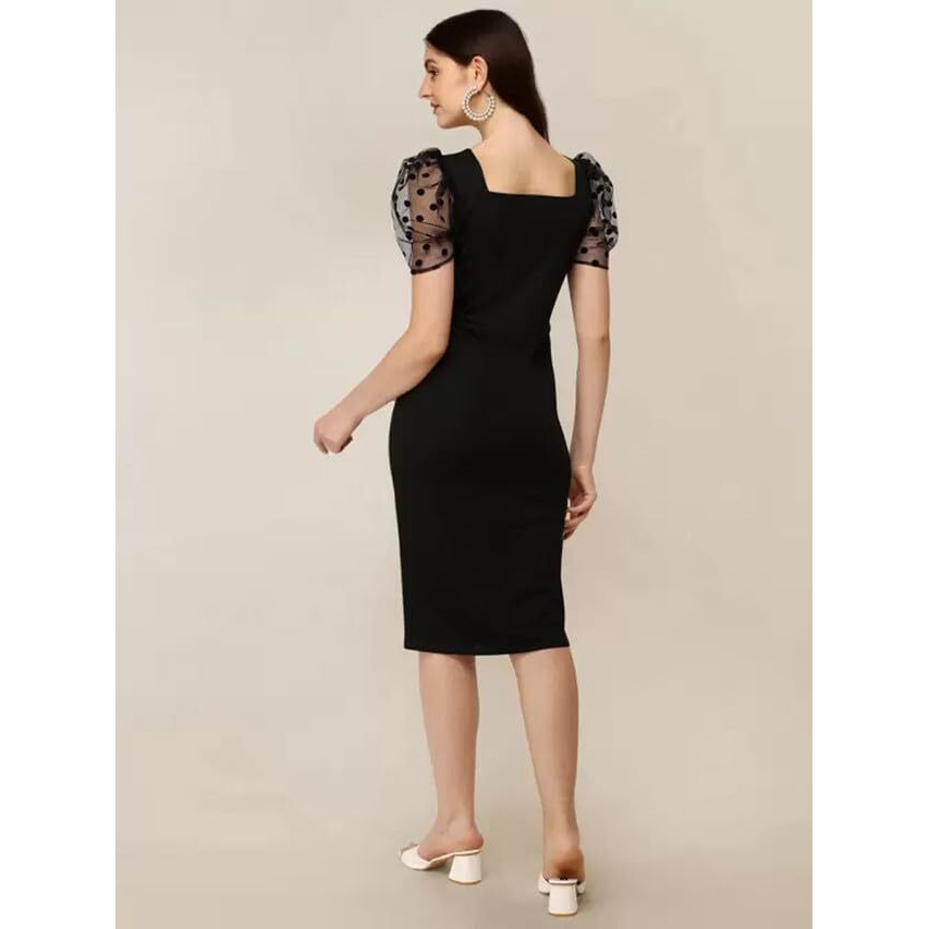 Selvia Women's Knitted & Dyed Puff Sleeve Lycra Sweetheart Neck Bodycon Dress (492Tk10719N-S_Black)