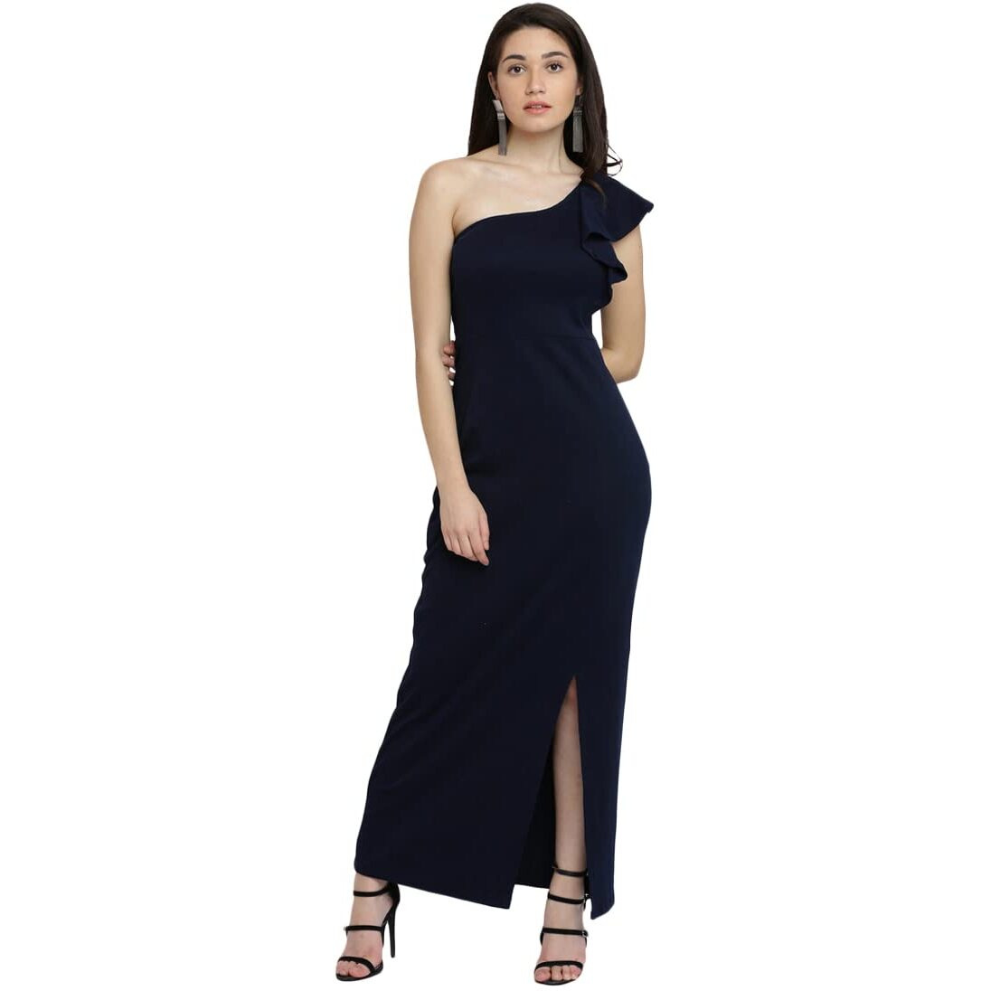 Miss Chase Women's Designer Navy Blue Solid Slitted One Shoulder Ruffled Maxi Dress With Zip Closure (Mcaw17D10-37-71-02, Navy Blue, X-Small)