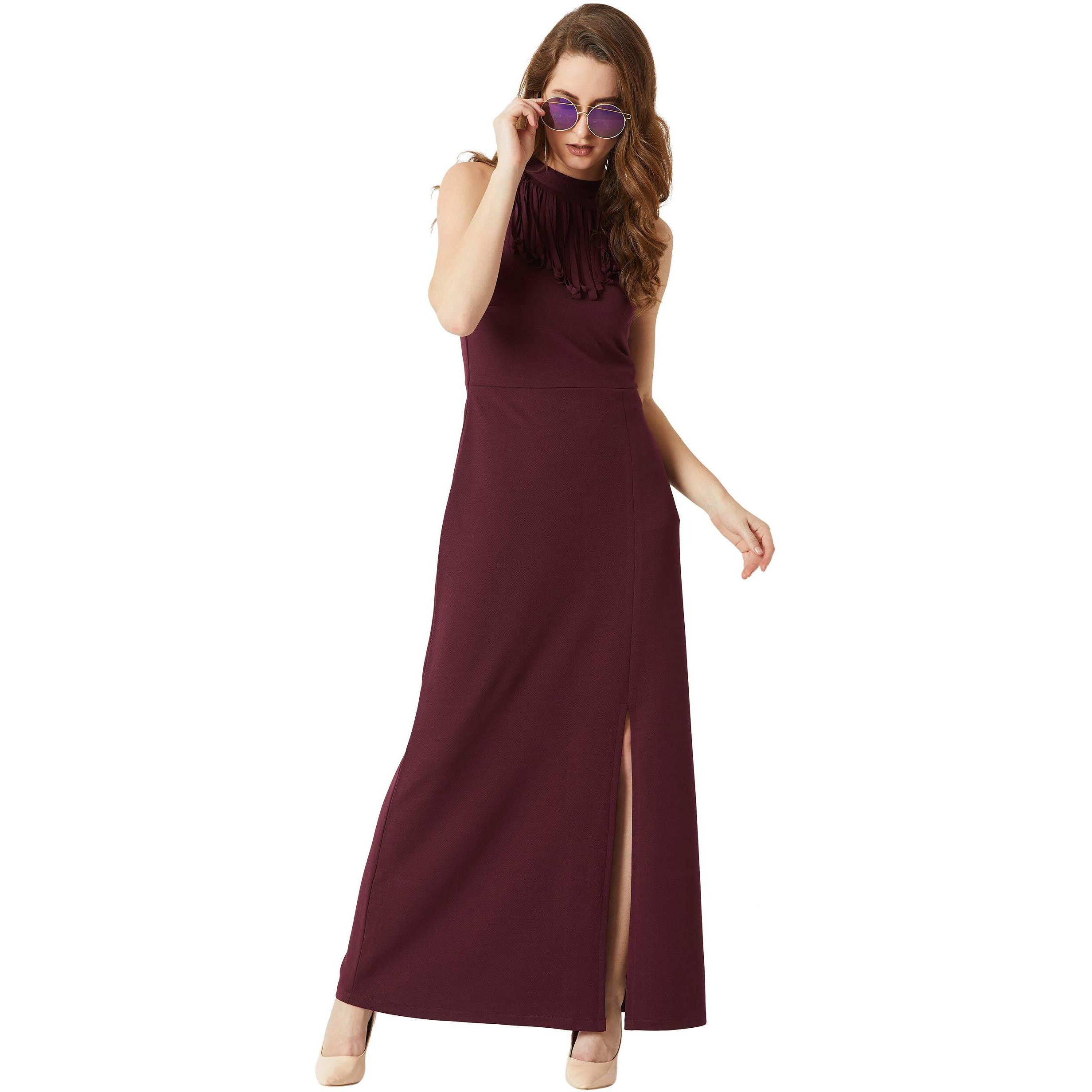 Miss Chase Women's Designer Wine Red Halter Neck Sleeveless Solid Maxi Front Slit Dress(Mcaw18D13-04-184-03, Wine Red, Small)
