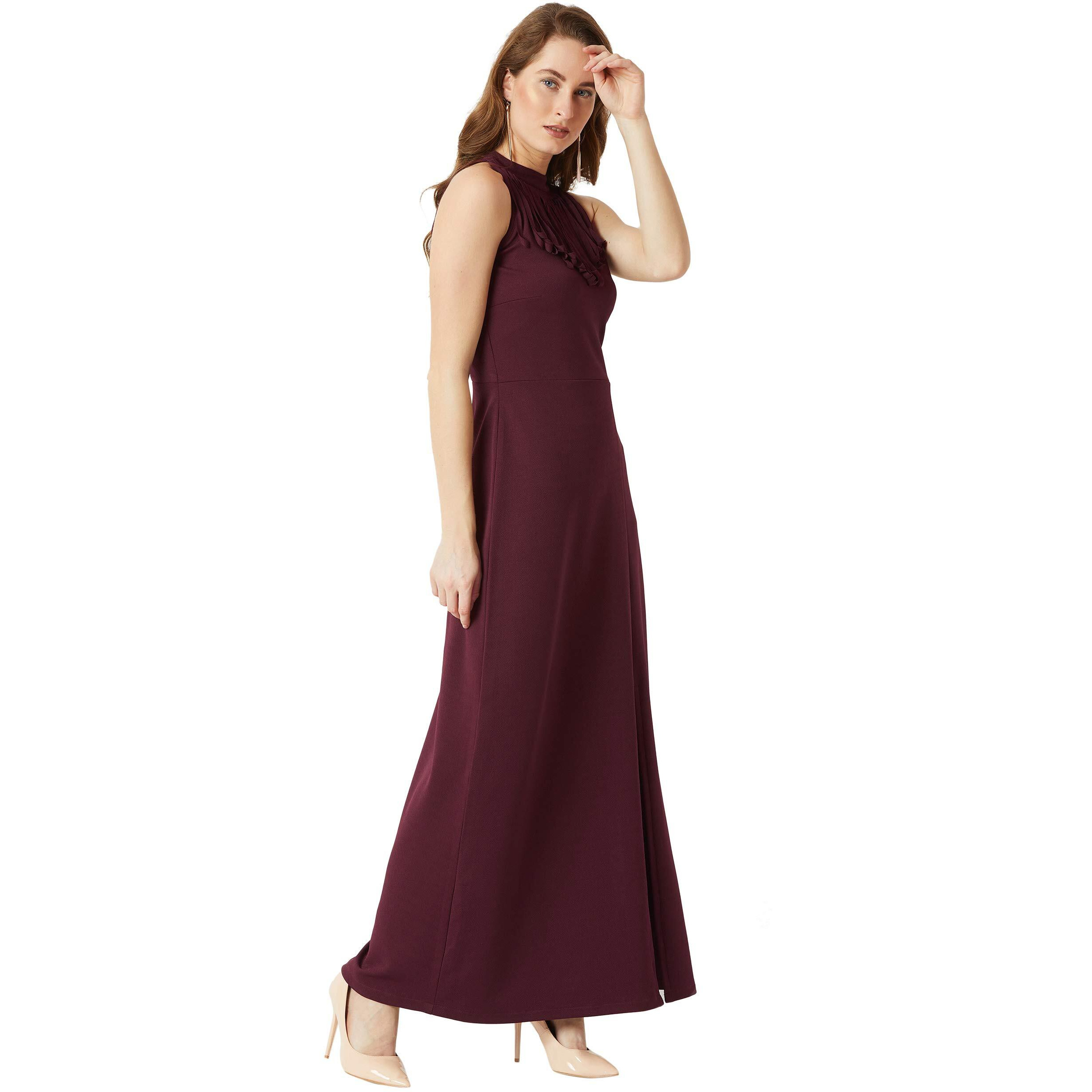 Miss Chase Women's Designer Wine Red Halter Neck Sleeveless Solid Maxi Front Slit Dress(Mcaw18D13-04-184-03, Wine Red, Small)