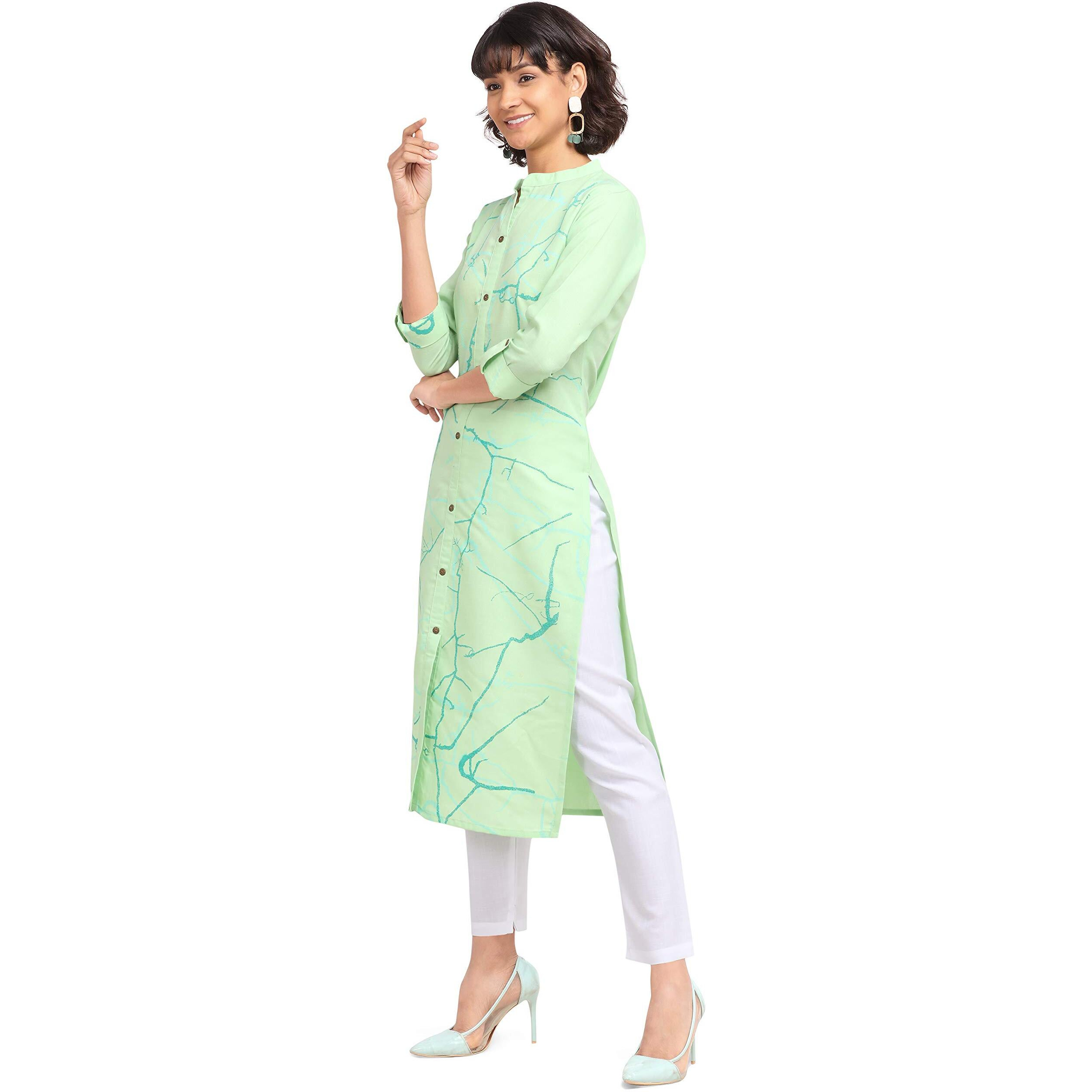 Nainvish Women's Cotton Blend Straight Printed Kurti With Pant (Sd098-Xl_Green)