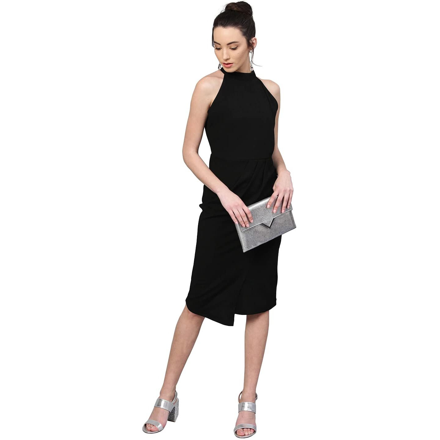 Shasmi Women's Comfortable Black Halter Neck Sleeveless Solid Midi Bodycon Casual Western Stylish Dress For Womens/Midi Dress For Girls (Shree Midi 14 Black S)