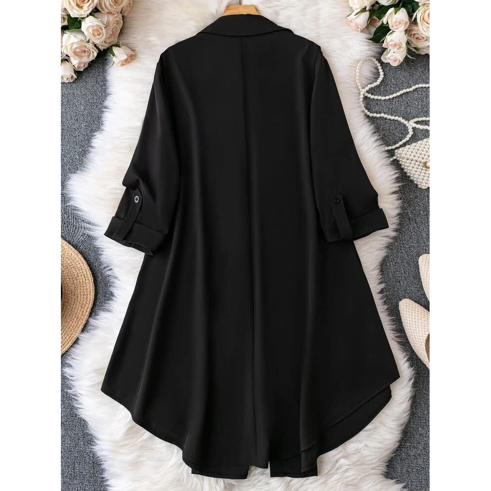 Om Sai Latest Creation Western Dress || Rayon Solid Button Front Shirt Dress For Women || Roll Tab Sleeve & Collared Neck Flared Dress || Office || Summer Short Dresses For Women. (X-Large, Black)