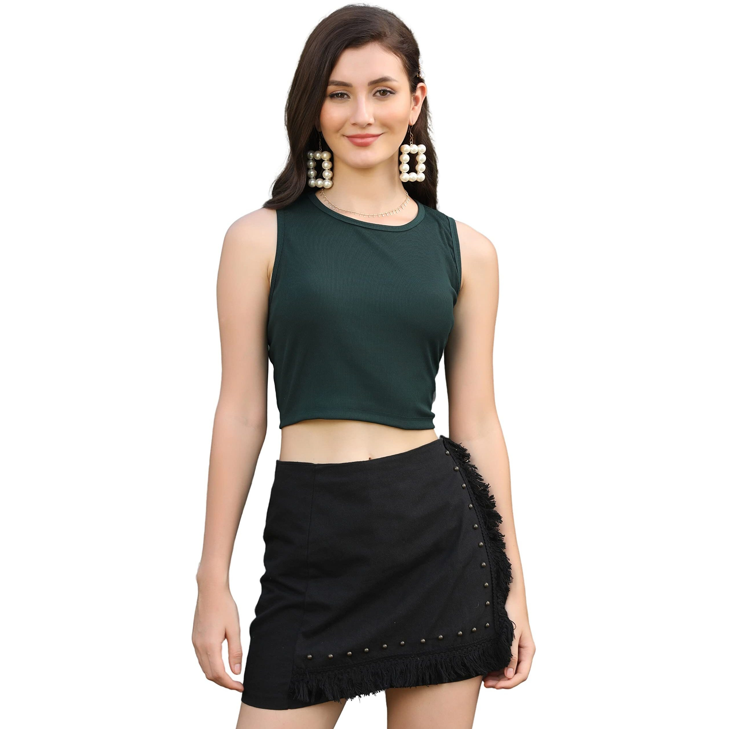 Om Sai Latest Creation Women's Ribbed Boat Neck Crop Top Sleeveless Readymade Saree Blouse(Drk Green-Xl)