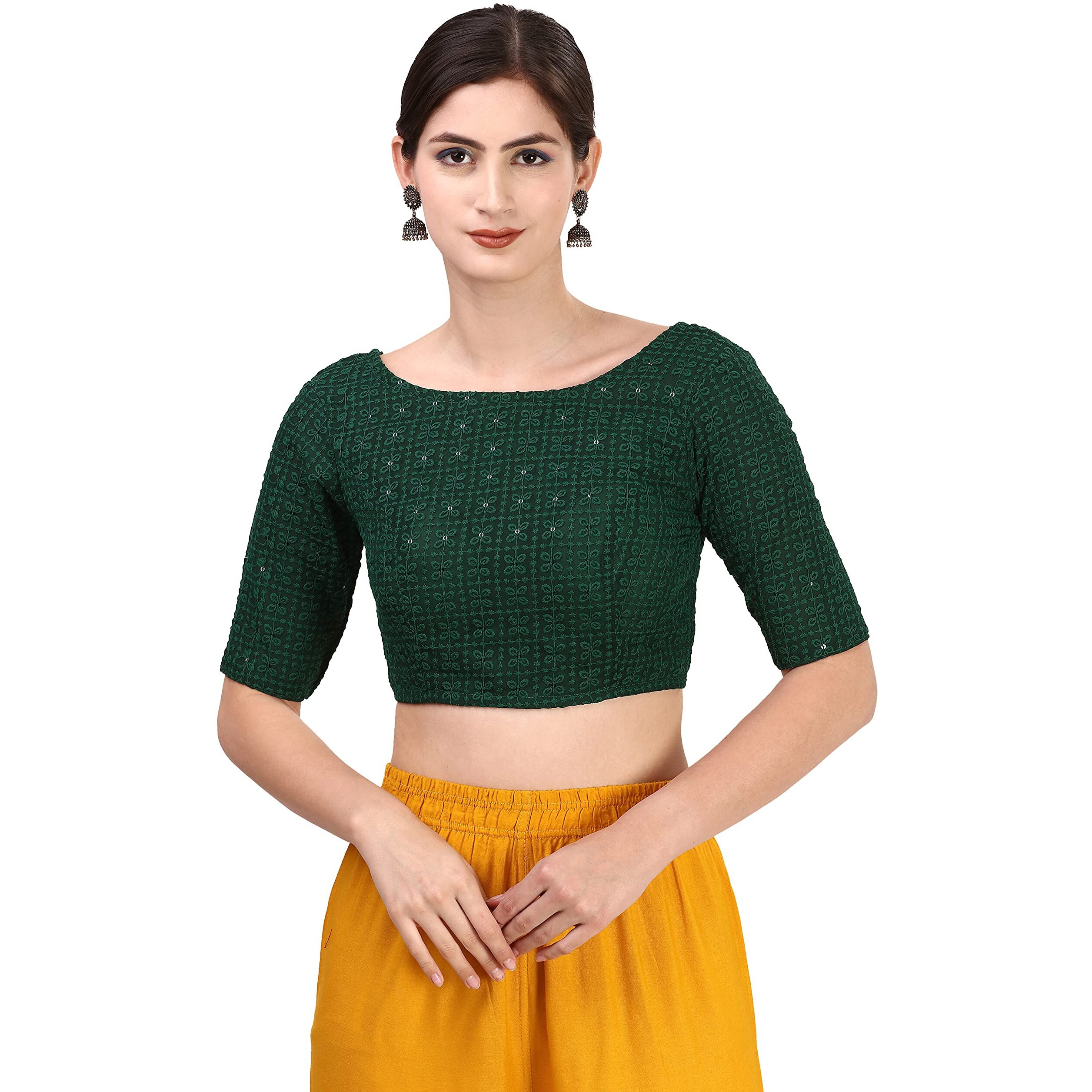 Oomph Traditional Cotton Schiffli Fabric Blouse For Women |Elbow Length Sleeves | Wedding & Festival Wear | Comfortable & Trendy Ethnic Wear | Readymade Blouse For Saree & Lehenga