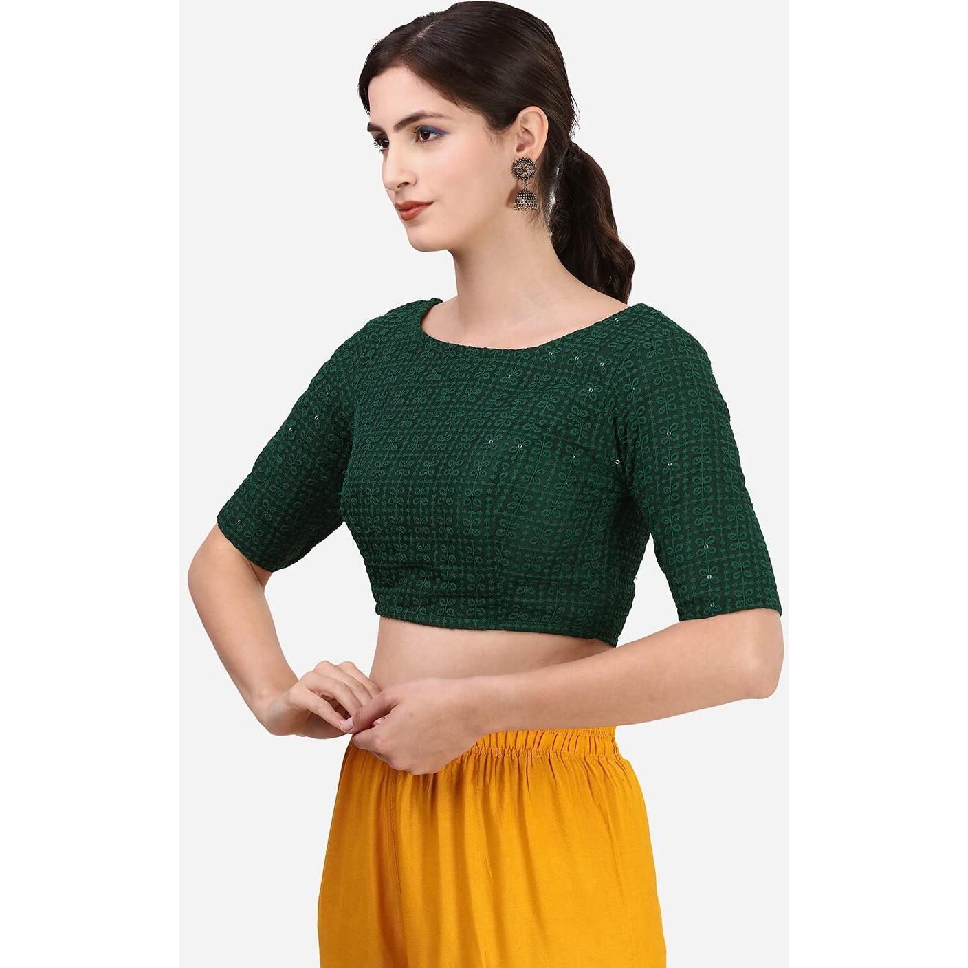 Oomph Traditional Cotton Schiffli Fabric Blouse For Women |Elbow Length Sleeves | Wedding & Festival Wear | Comfortable & Trendy Ethnic Wear | Readymade Blouse For Saree & Lehenga