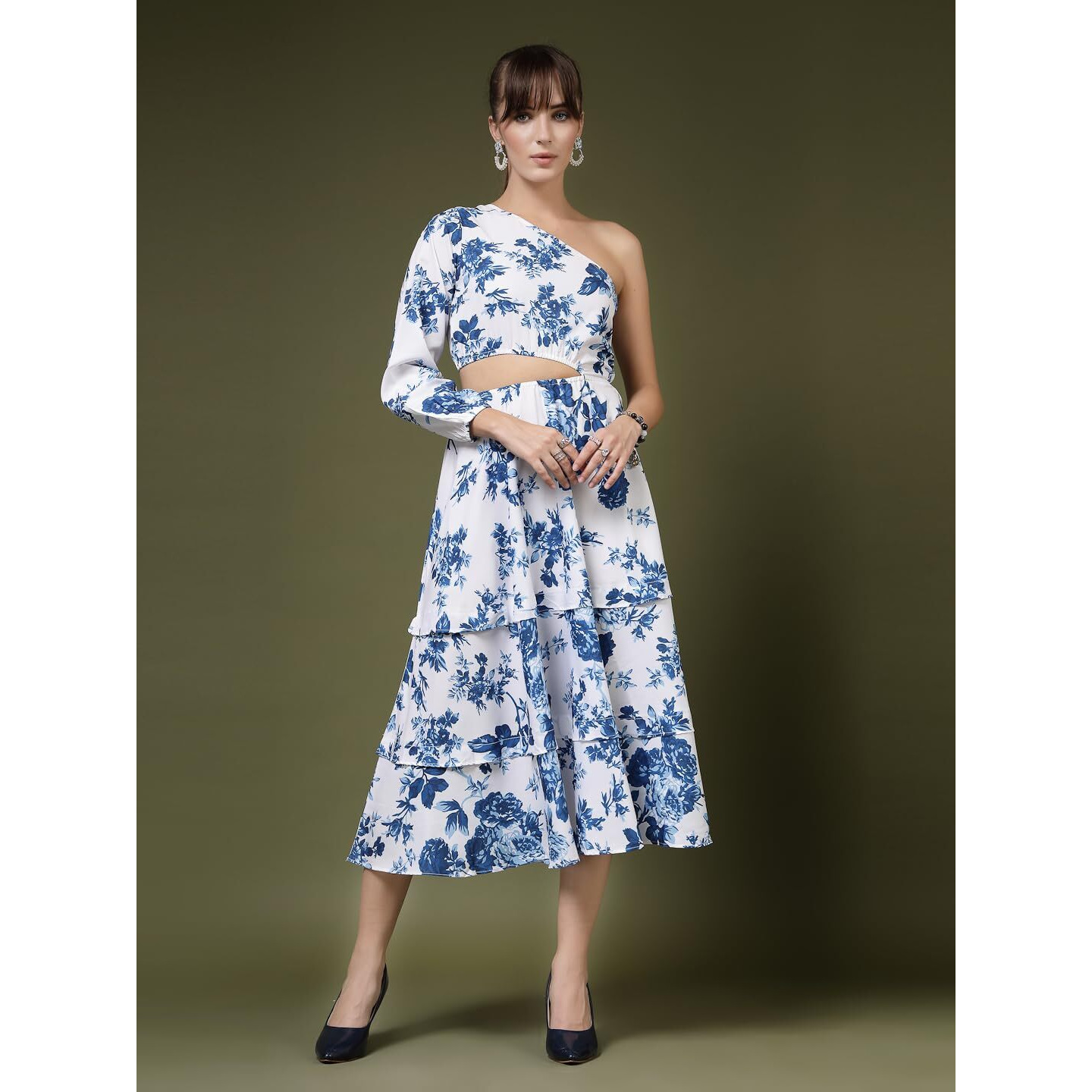 Oomph Women's Western & Fusion Wear Printed Crepe Dress For Women, One Shoulder, White - Md1071