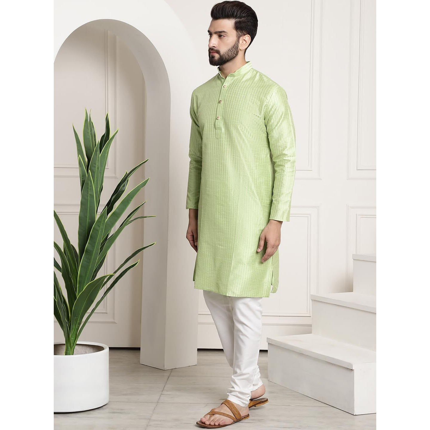 Sojanya (Since 1958 Men's Silk Blend Green Pintex Kurta And White Churidar Pyjama Set