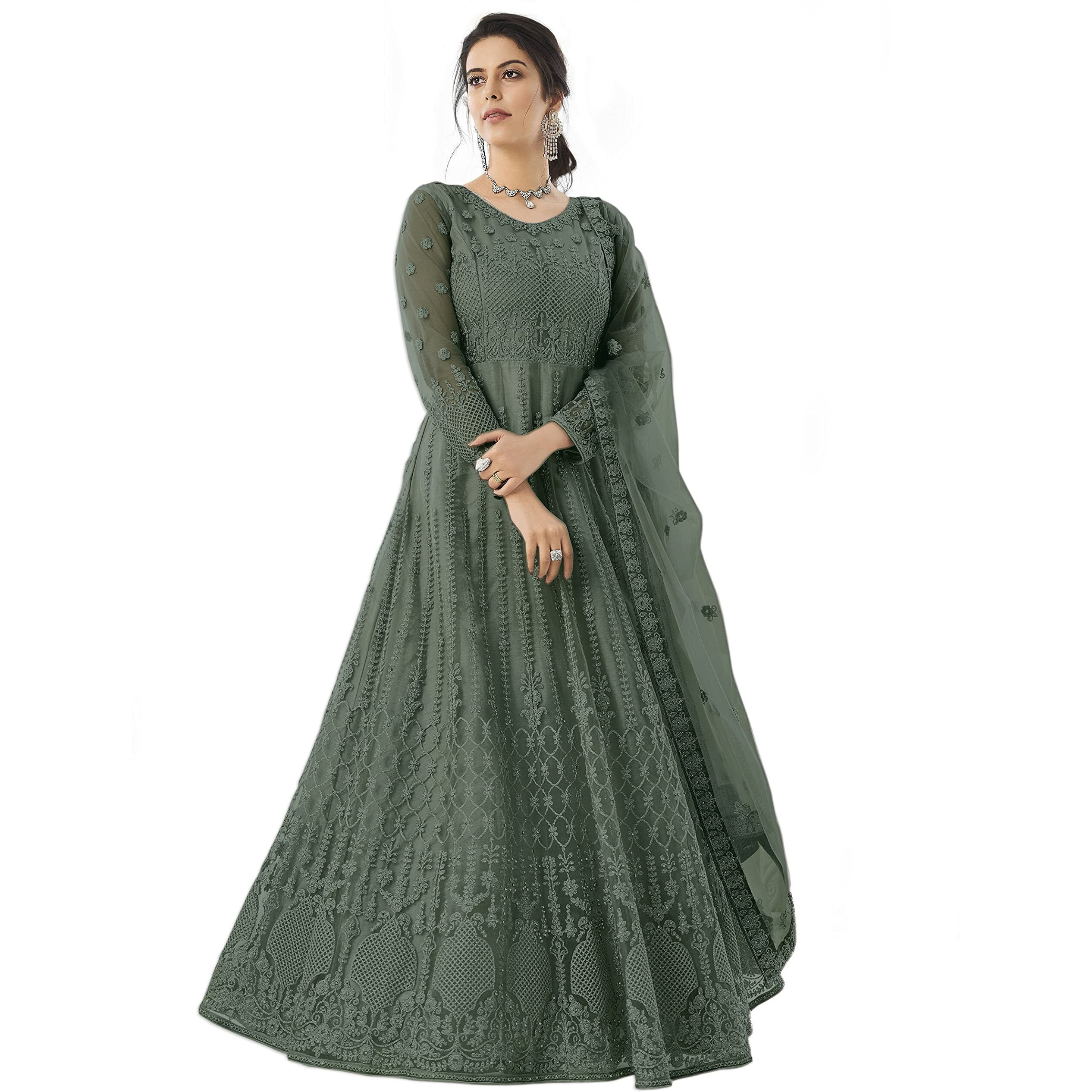 Patlani Women Long Dark Rama Gown,Net With Ultra Satin Inner Ethnic Flared A Line Gown For Girl's/Women's Semi Stitched Gown (Dark Rama)