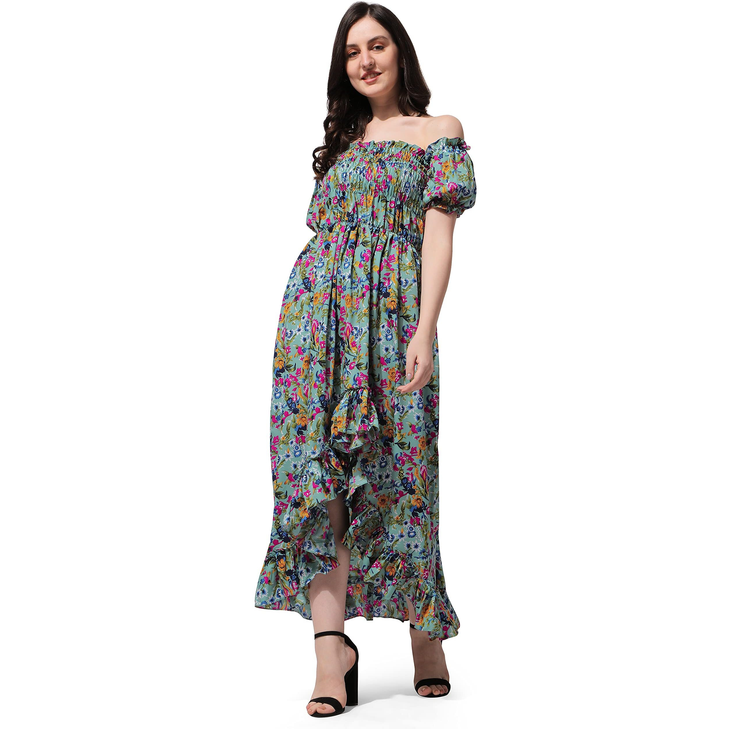 Oomph Flared Dress For Women Stylish | Long One Piece For Women | Off Shoulder Puff Sleeve Long Dress | Floral Print Maxi One Piece | Western & Fusion Wear Bohemian Style Green