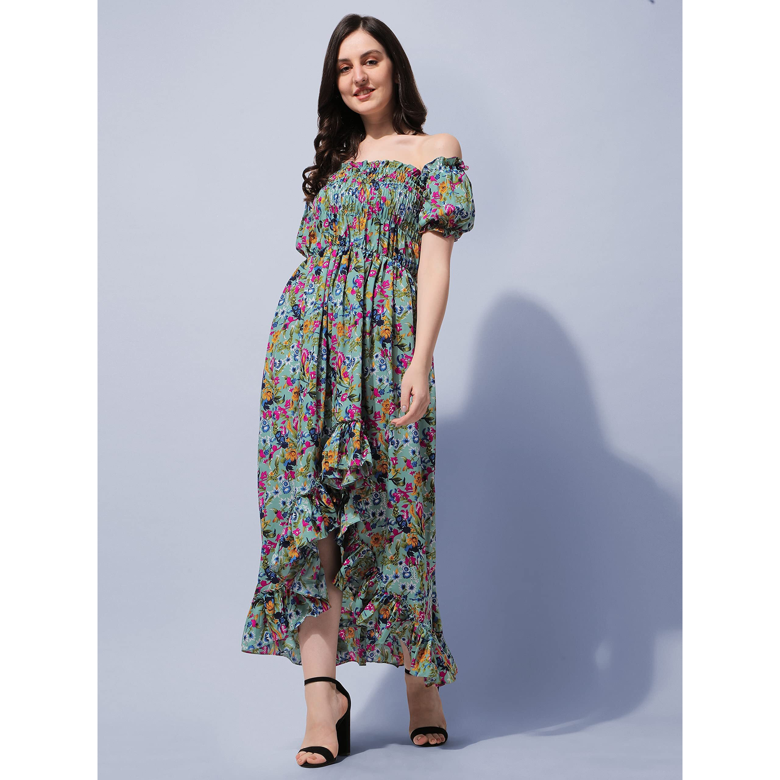 Oomph Flared Dress For Women Stylish | Long One Piece For Women | Off Shoulder Puff Sleeve Long Dress | Floral Print Maxi One Piece | Western & Fusion Wear Bohemian Style Green