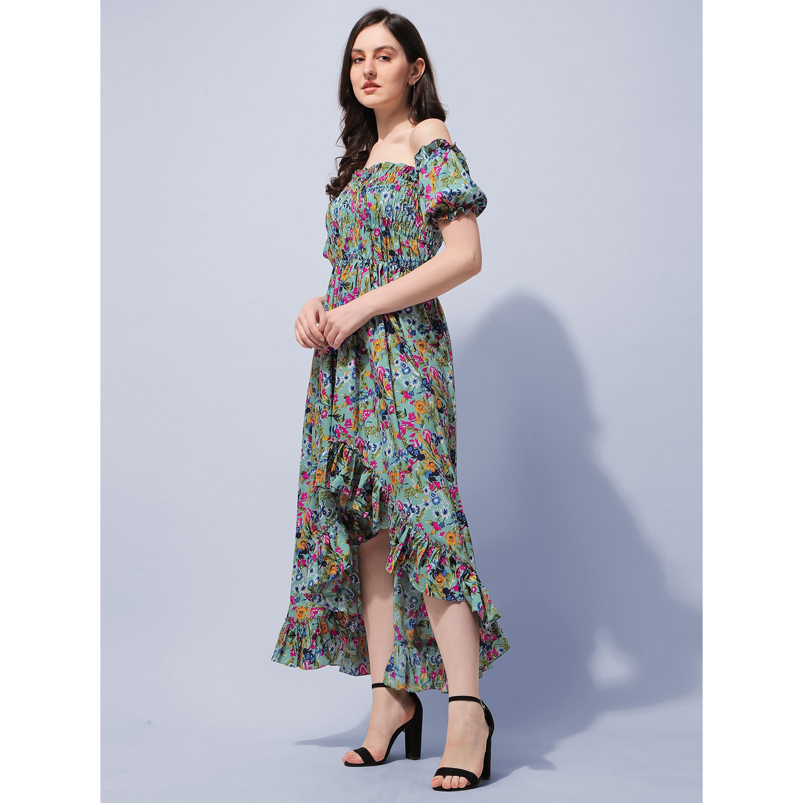 Oomph Flared Dress For Women Stylish | Long One Piece For Women | Off Shoulder Puff Sleeve Long Dress | Floral Print Maxi One Piece | Western & Fusion Wear Bohemian Style Green