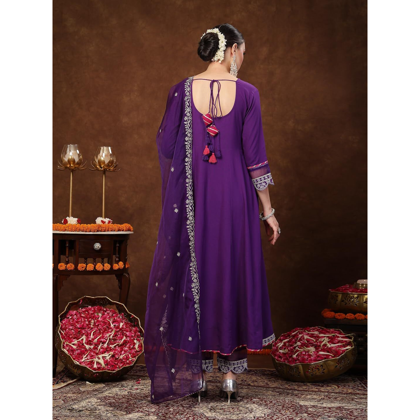 Stylum Women's Solid & Embroidered Rayon Anarkali Kurta Pant Dupatta Set (Kpdvoilqueen42_Violet, Xl)