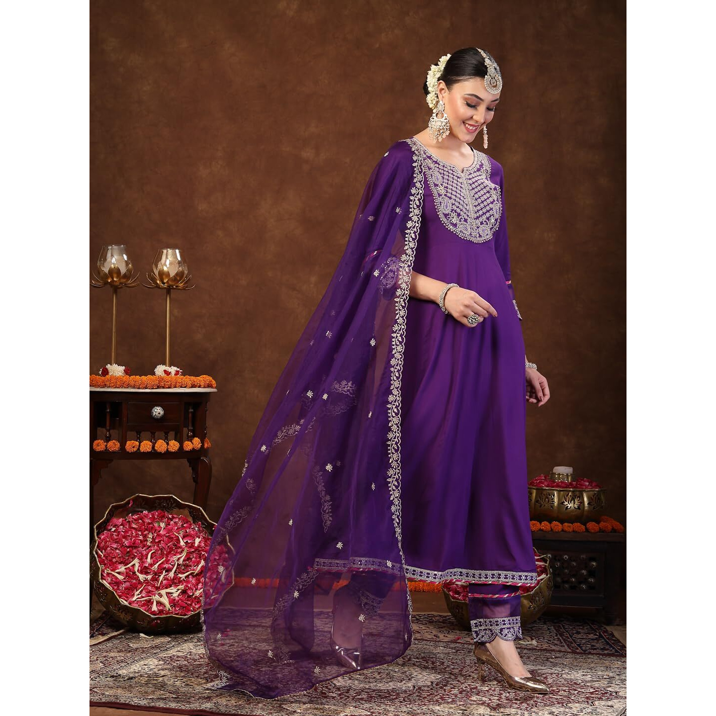 Stylum Women's Solid & Embroidered Rayon Anarkali Kurta Pant Dupatta Set (Kpdvoilqueen42_Violet, Xl)