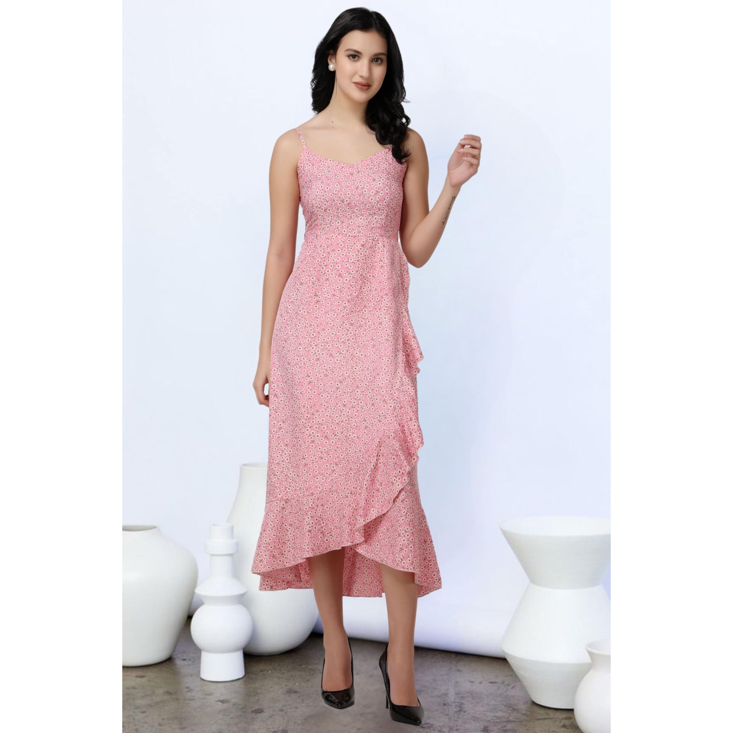 Popwings Casual Floral Printed Midi Frill Strap Dress For Women || Sleeveless Midi-Length Women Dress || V-Neck Maxi Dress For Women || Latest Stylish Western Summer Women Dress Pink