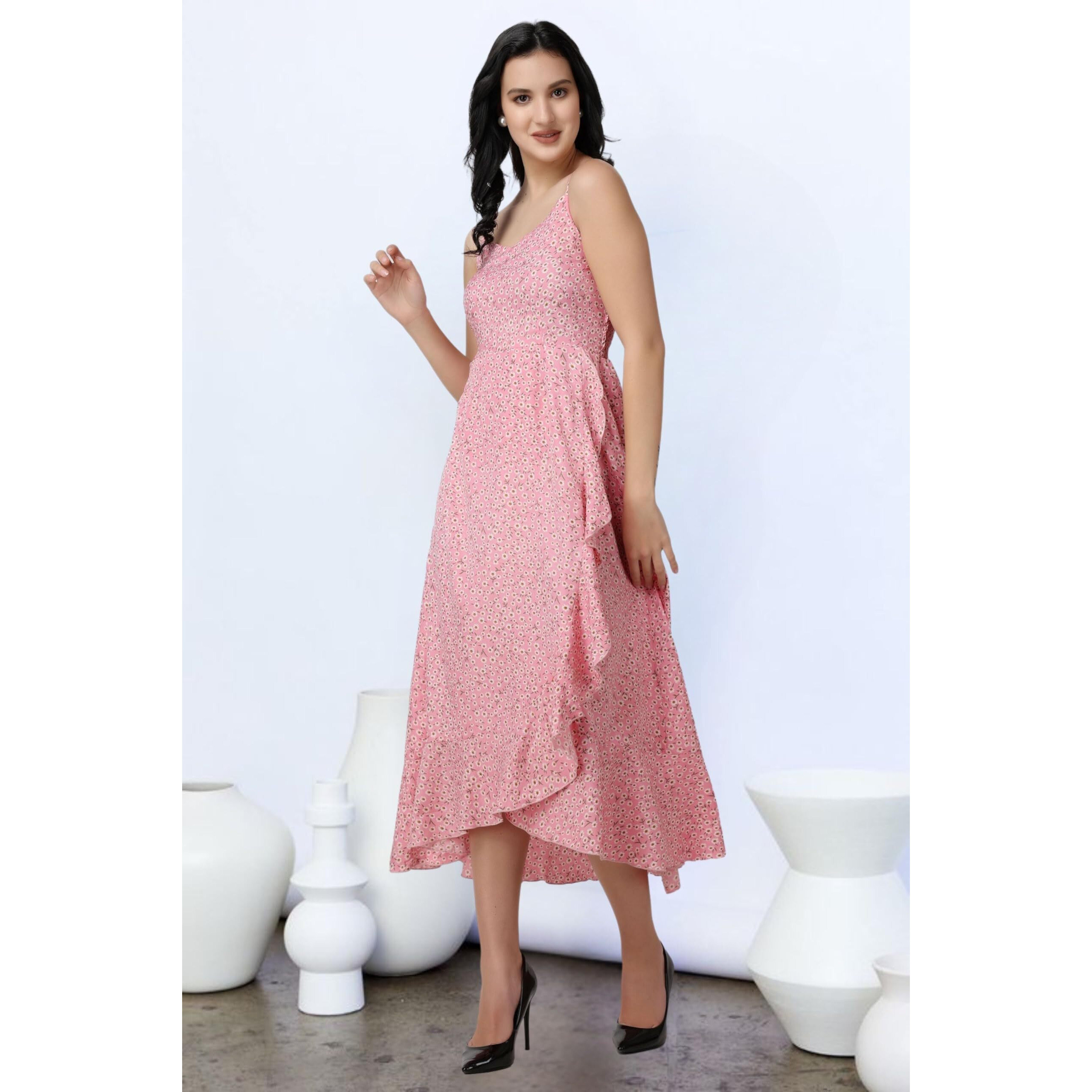 Popwings Casual Floral Printed Midi Frill Strap Dress For Women || Sleeveless Midi-Length Women Dress || V-Neck Maxi Dress For Women || Latest Stylish Western Summer Women Dress Pink